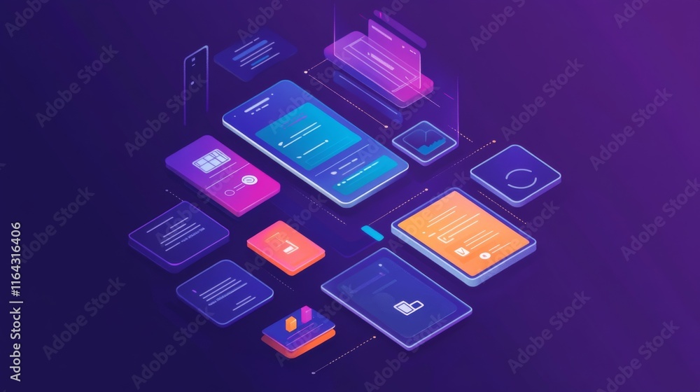Poster abstract illustration of mobile app screens and user interface elements in vibrant colors for modern