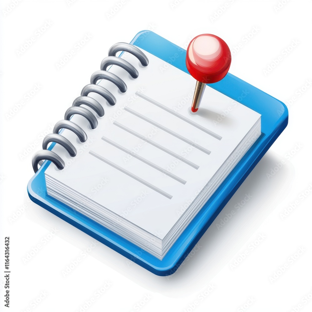 Aufkleber an illustrated notebook with blank pages and a red pushpin, symbolizing reminders and note-taking.