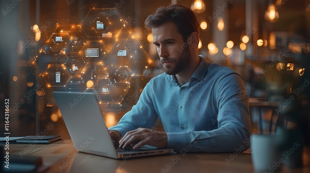 Poster focused man working on laptop with digital interface