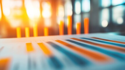 Abstract representation of business analytics with colorful graphs and glowing bars reflecting growth and success in a modern office environment during sunset