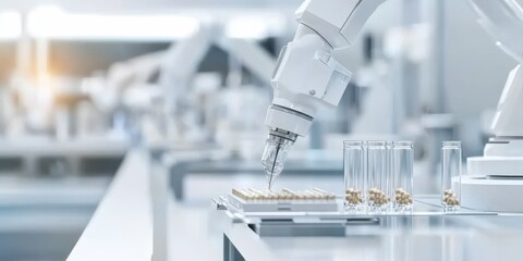 Robot in pharmaceutical laboratory pills and capsules, automation technology for drug production Pharmaceutical manufacturing robotics and automation to create medicine, capsules innovation.