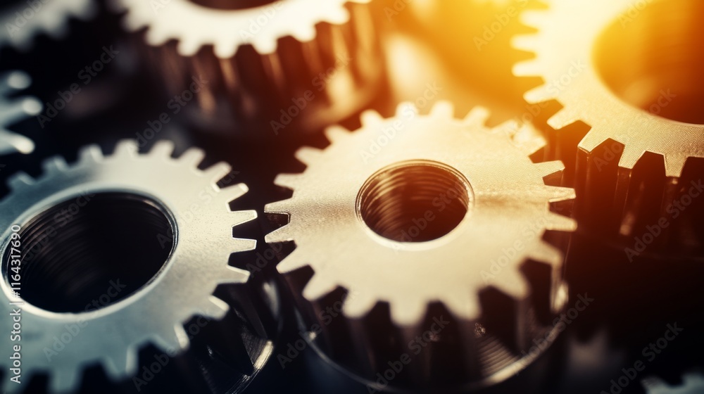 Aufkleber close-up view of metallic gears and cogs with beautiful lighting in a mechanic environment, perfect 