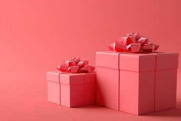 Movie-themed ornaments with characters from popular movies, 3d illustration of two light red gift boxes with bows and ribbons, isolated on light red background