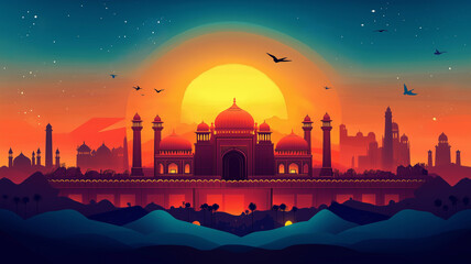 Illustration of India Republic Day featuring a blend of historical monuments like the Red Fort and modern architectural landmarks, futuristic design with tricolor themes, glowing lights,