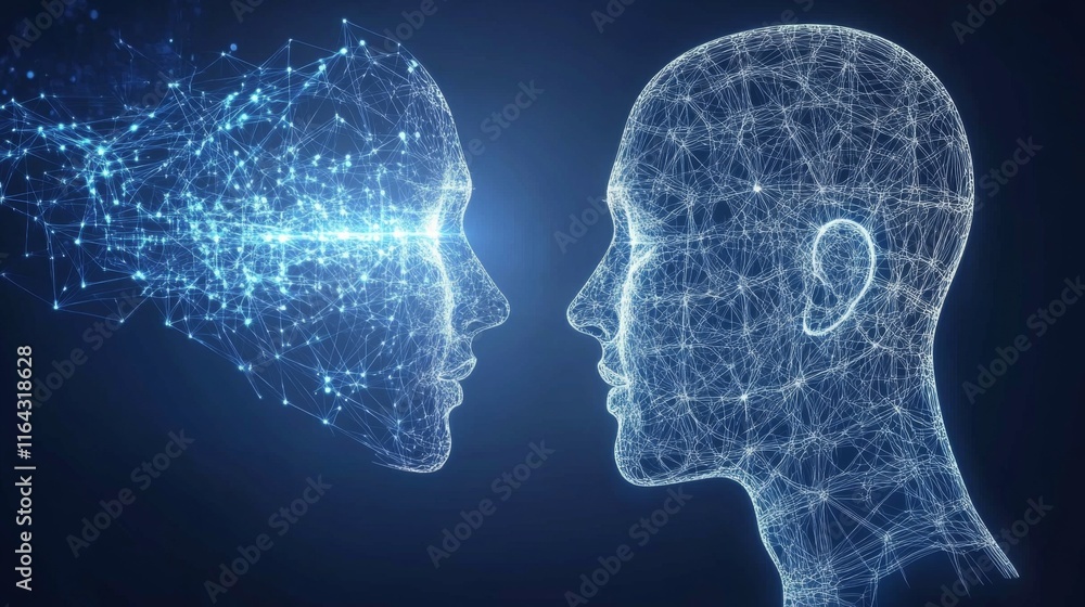 Poster detailed conceptual representation of digital human faces with network connections, abstract technol