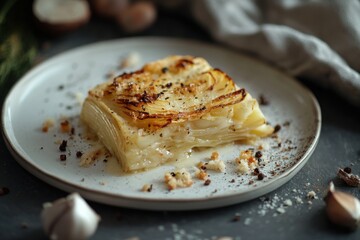 A golden-brown, crispy potato gratin served on a white plate, garnished with herbs.