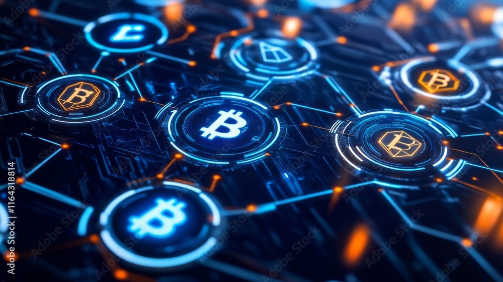 Poster digital cryptocurrency network: cryptocurrency symbols and blockchain technology illustrated on a hi