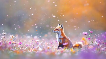   A red fox resting amidst a sea of purple and white blossoms, framed by a golden sky