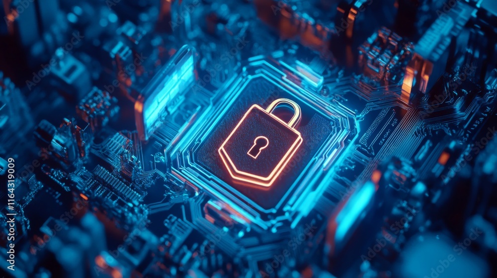 Poster digital lock symbol on circuit board background representing cybersecurity and data protection in an