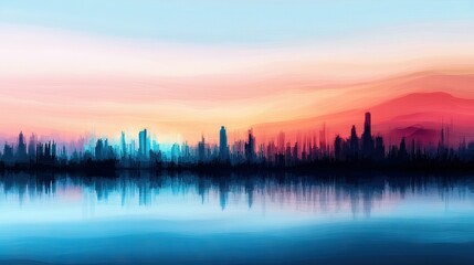 Fototapeta premium A cityscape at sunset with majestic mountains behind, and a serene body of water in the foreground