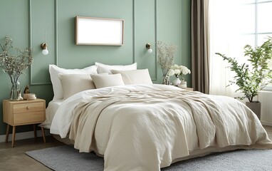 Serene bedroom with cream bedding, green walls, and natural light.