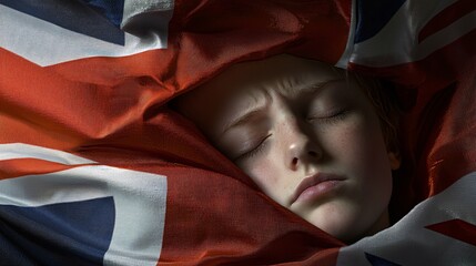 half-visible face of a person with eyes closed, their features merging with the flowing Union Jack flag, giving a sense of conflict between personal identity and overwhelming sadness. The image 