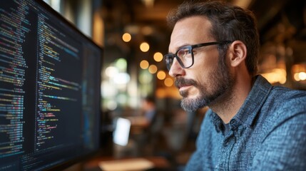 Focused Male Programmer Staring at Screen with Colorful Code in Modern Workspace, Deeply Engaged in Coding and Software Development Tasks, Inspiring Creativity and Innovation