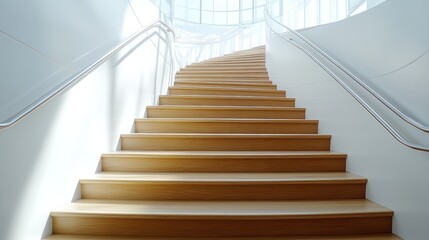 Modern wooden staircase ascending towards bright window.