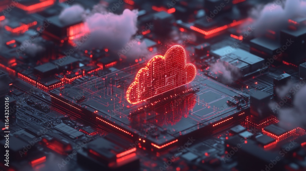 Poster futuristic cloud computing concept with vibrant red neon lights over a dark digital circuit board re