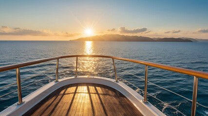 A peaceful scene unfolds as the warm, golden sun rises over calm azure waters, casting a serene glow across the horizon and marking the start of a beautiful day.