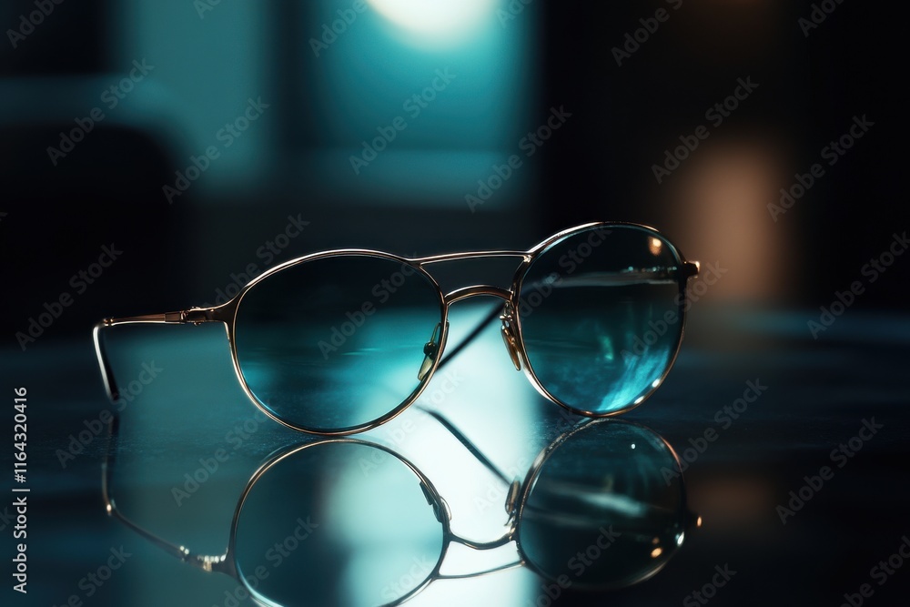 Poster elegant round sunglasses with a golden frame reflecting softly on a dark surface, creating a sophist