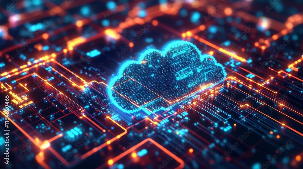 Aufkleber futuristic data cloud concept with neon colors and circuit board background for technology and digit