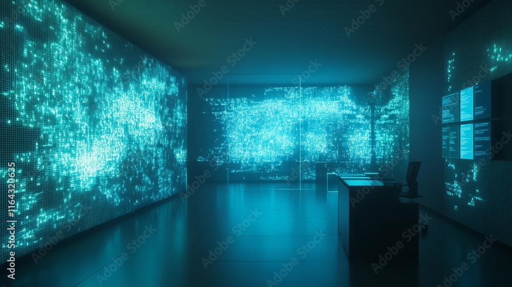 Aufkleber futuristic data visualization room featuring blue light patterns with a minimalistic office desk and