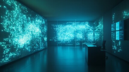 Futuristic Data Visualization Room Featuring Blue Light Patterns with a Minimalistic Office Desk and Chair in a High-Tech Environment