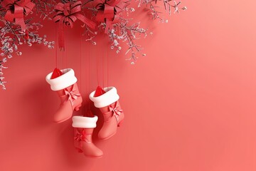 Santa Claus hats or boots hanging from the branches, 3d illustration of two light red gift boxes with bows and ribbons, isolated on light red background