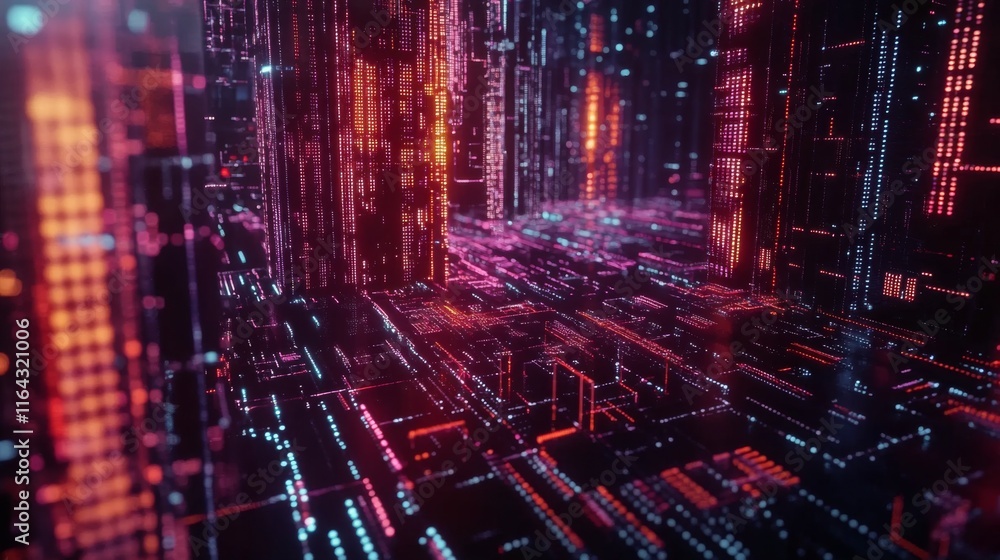 Poster futuristic digital cityscape with neon patterns, glowing lines, and deep perspective representing ad