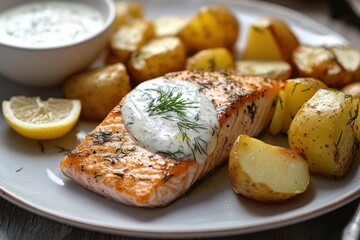 Delicious grilled salmon fillet topped with creamy dill sauce, served with golden roasted potatoes and lemon.