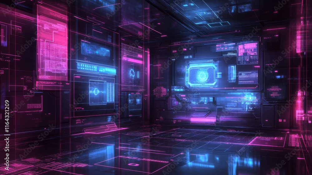 Poster futuristic digital environment with neon lights and high-tech displays for sci-fi, virtual reality, 
