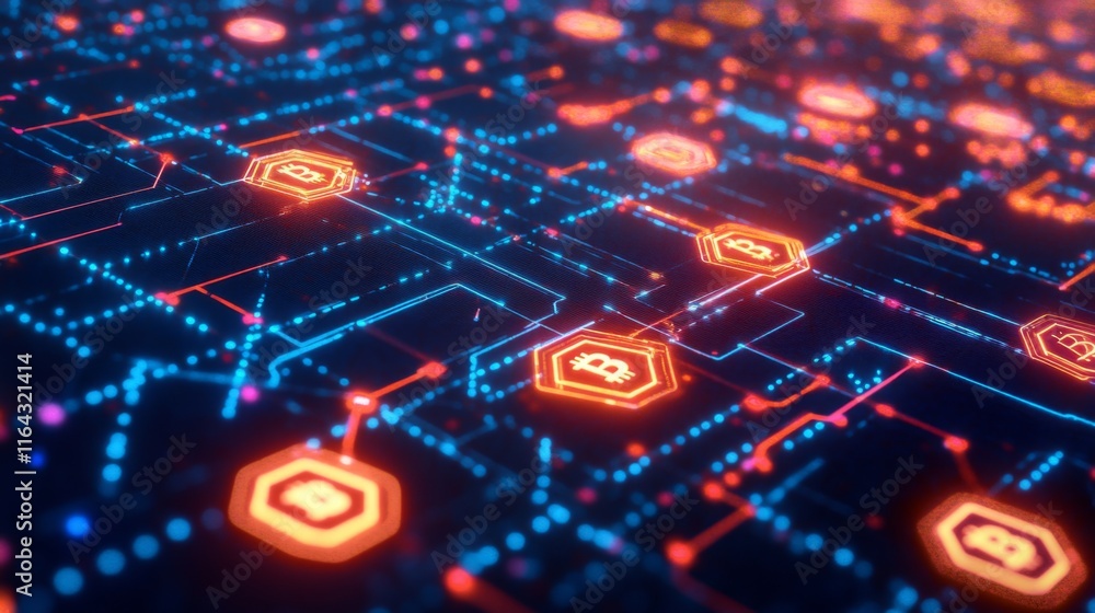 Aufkleber futuristic digital interface with cryptocurrency symbols and neon lights representing blockchain tec