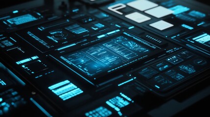 Futuristic Digital Interface with Glowing Blue Graphics Showing Data Analytics and User Interaction Elements on a Dark Background for Technology Inspiration