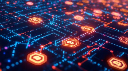 Fototapeta premium Futuristic Digital Interface with Cryptocurrency Symbols and Neon Lights Representing Blockchain Technology and Financial Networks in a Modern Concept