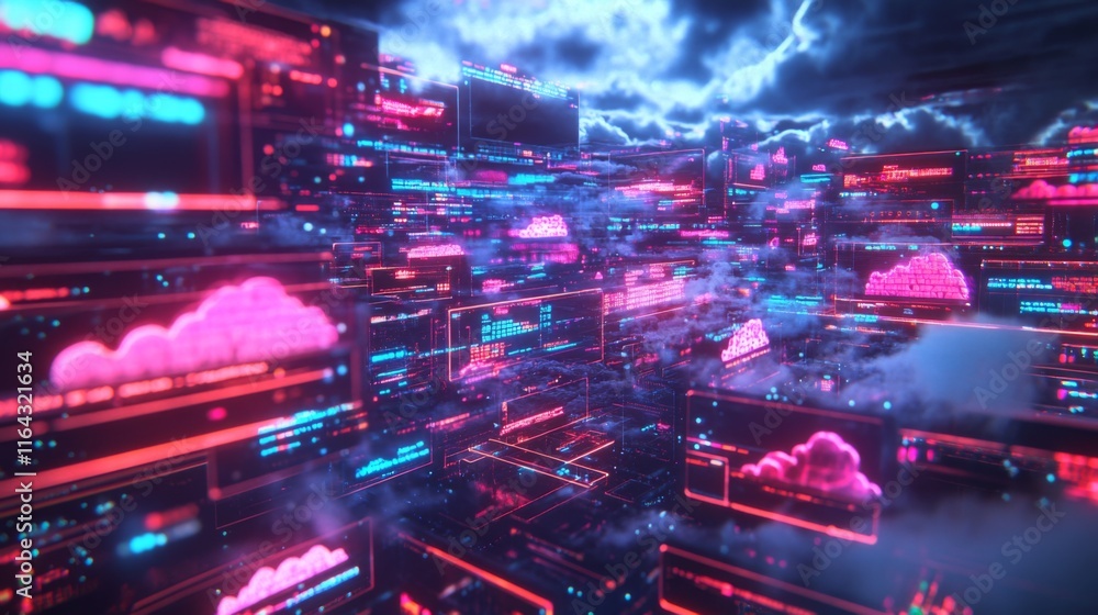 Poster futuristic digital landscape with neon clouds and data streams under a stirring sky filled with elec