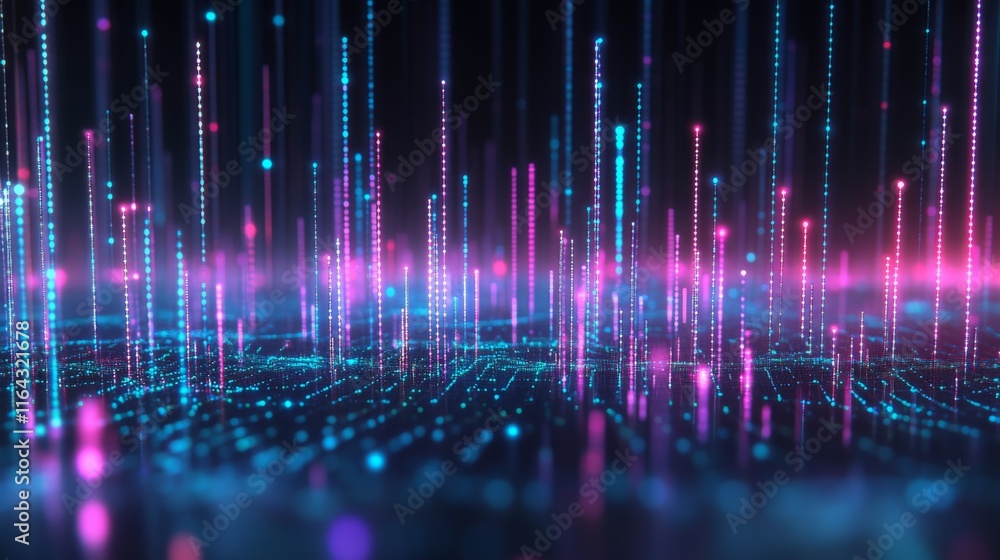 Poster futuristic digital landscape with vibrant neon light trails and abstract geometric patterns represen