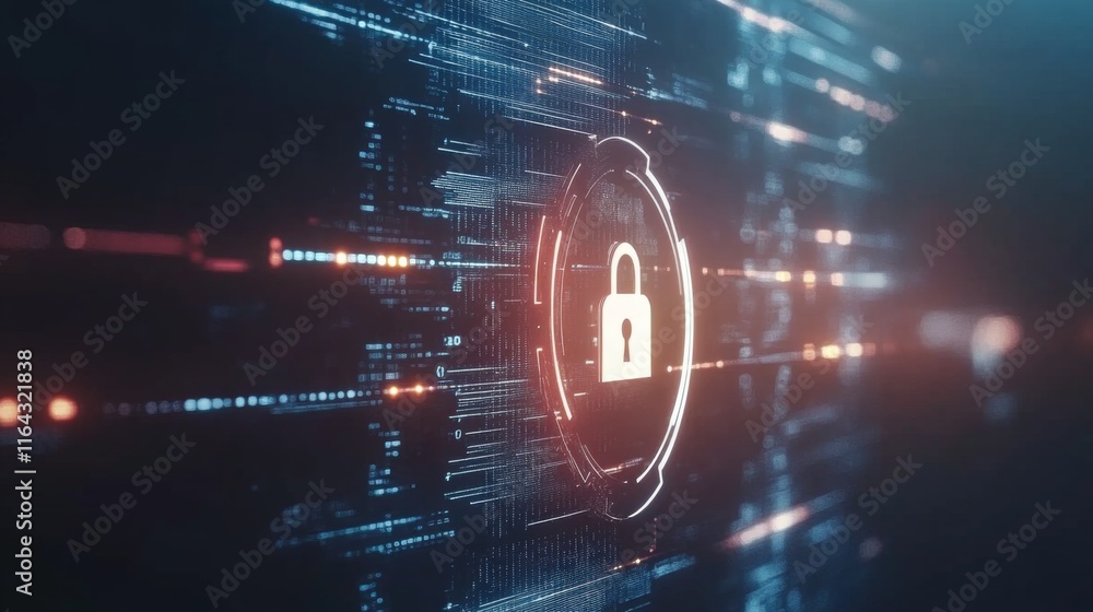 Poster futuristic digital security concept featuring lock symbol over luminous data streams representing cy