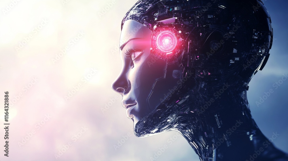 Poster futuristic female robot profile with high-tech features and advanced mechanisms backlit by soft glow