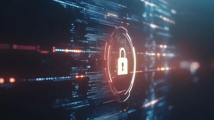 Futuristic Digital Security Concept Featuring Lock Symbol Over Luminous Data Streams Representing Cyber Protection and Technology Advancement