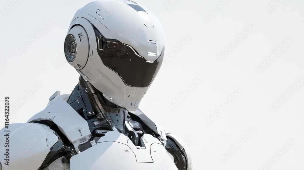 Poster futuristic humanoid robot standing in a neutral setting with sleek metallic features and advanced de