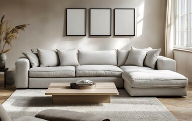 Modern living room interior with beige sectional sofa, three blank frames, wooden coffee table, and natural light.
