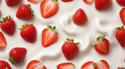 Delicious fresh strawberry into fresh liquid fluid milk and cream