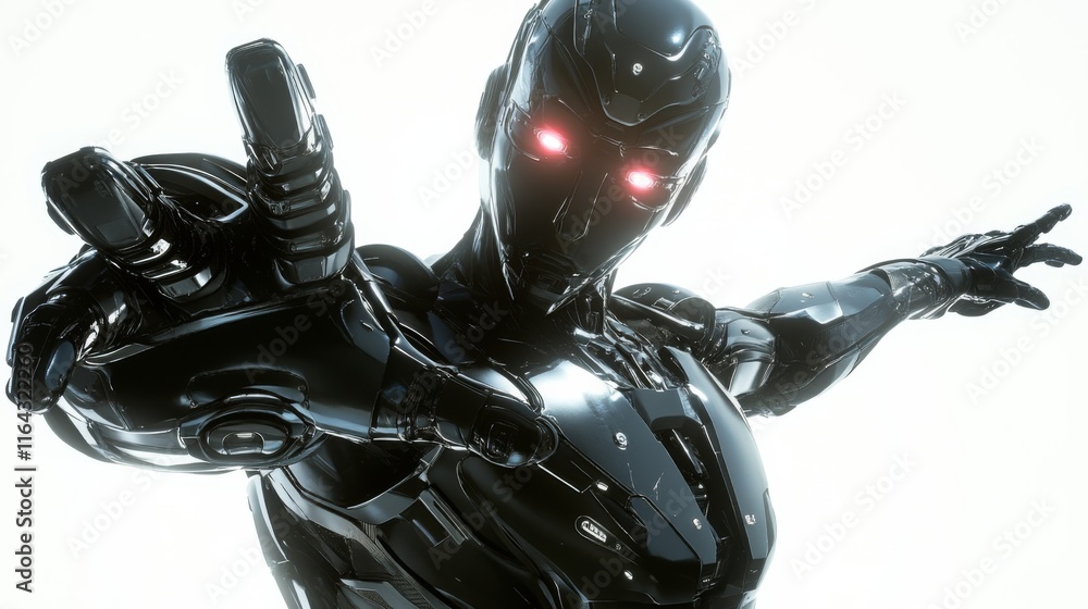 Poster futuristic robot design with glowing red eyes and sleek black finish captivating technology and scie
