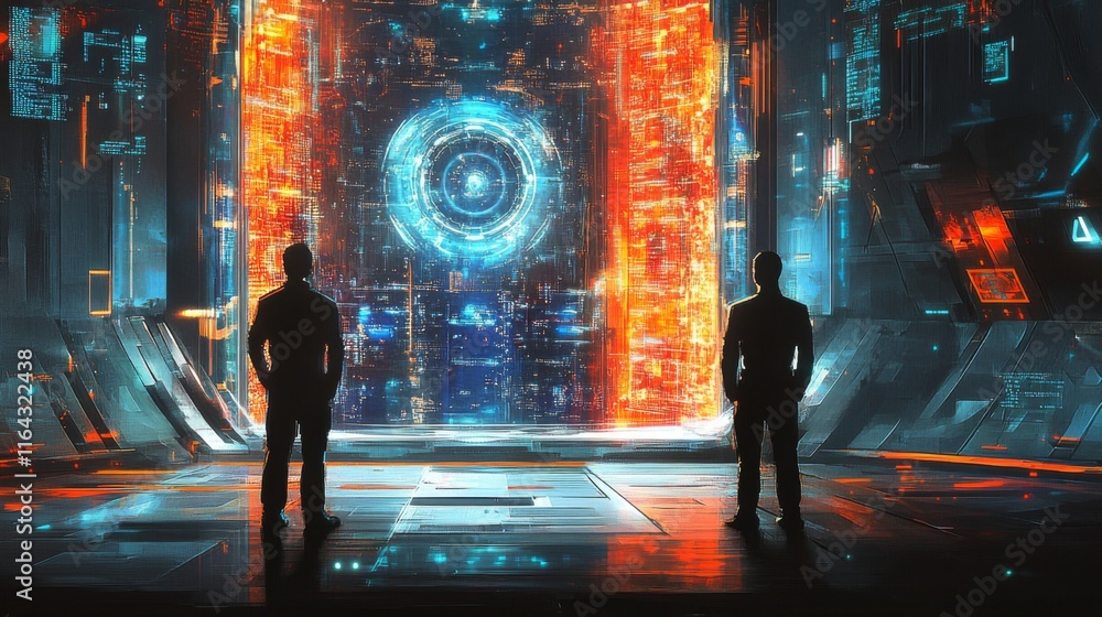 Poster futuristic technology scene with silhouetted figures inside a high-tech environment featuring bright