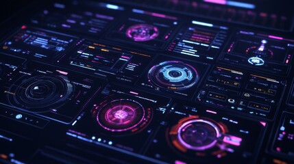 Futuristic User Interface Display with Interactive Graphs and Data Visualizations in Neon Colors Featuring Digital Panels and High-Tech Elements