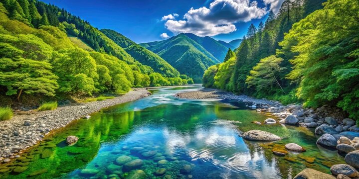 Scenic Tonegawa Riverbed in Gunma, Japan: Captivating Nature Landscape with Blue Sky, Lush Greenery, and Serene Water Flowing through Charming Countryside