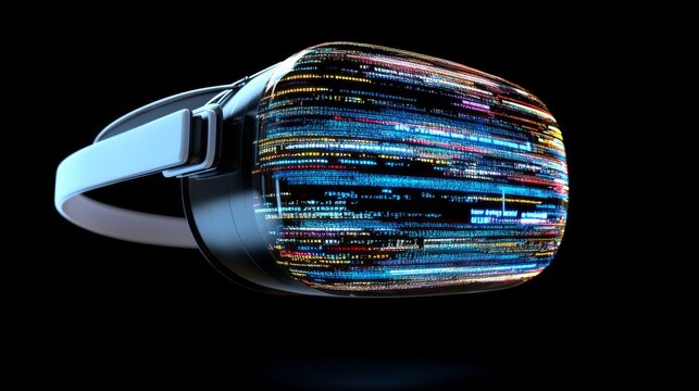 Futuristic Virtual Reality Headset with Colorful Light Trails Against a Black Background, Representing Advanced Technology and Immersive Experiences