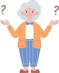 Doubt, feeling of uncertainty concept. Elderly woman standing in doubt thinking about dilemma trying to decide with question marks above vector illustration