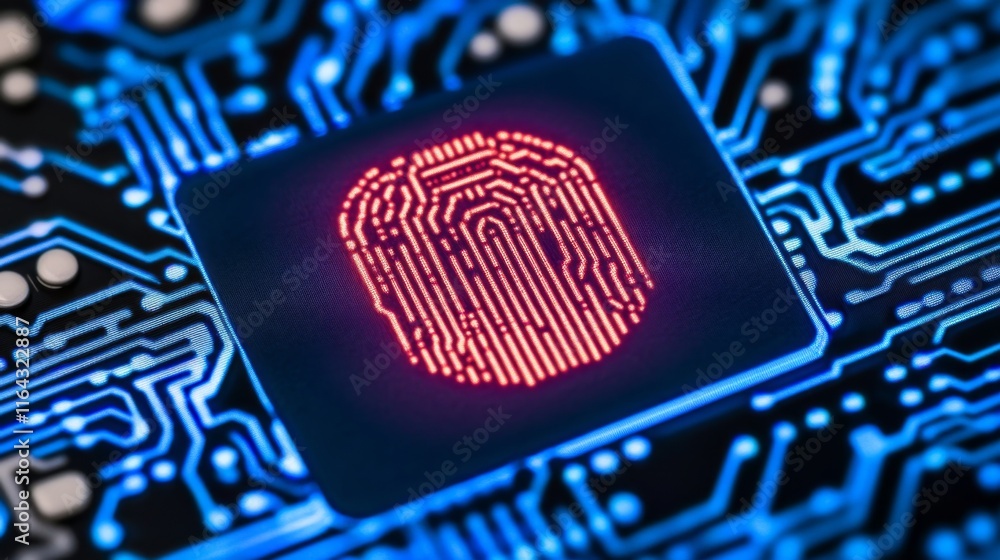 Aufkleber high-tech digital fingerprint on circuit board background, representing biometrics, security technol
