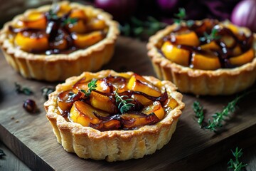 Delicious fruit tarts with caramelized apples and thyme, beautifully arranged on a wooden surface.
