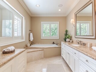 Elegant Master Bathroom Featuring Freestanding Tub and Granite Vanity