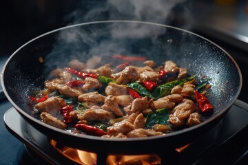 Sizzling chicken stir-fry with vibrant greens and red chili peppers in a frying pan.