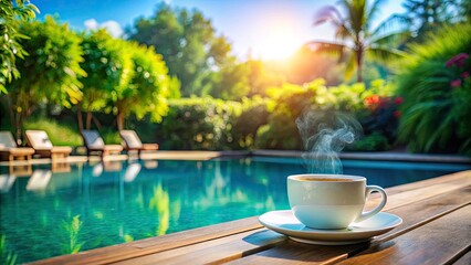 Serene Poolside Coffee Moment - Refreshing Morning by the Water with a Cozy Cup of Brewed Perfection, Ideal for Relaxation and Tranquility in a Sunlit Setting